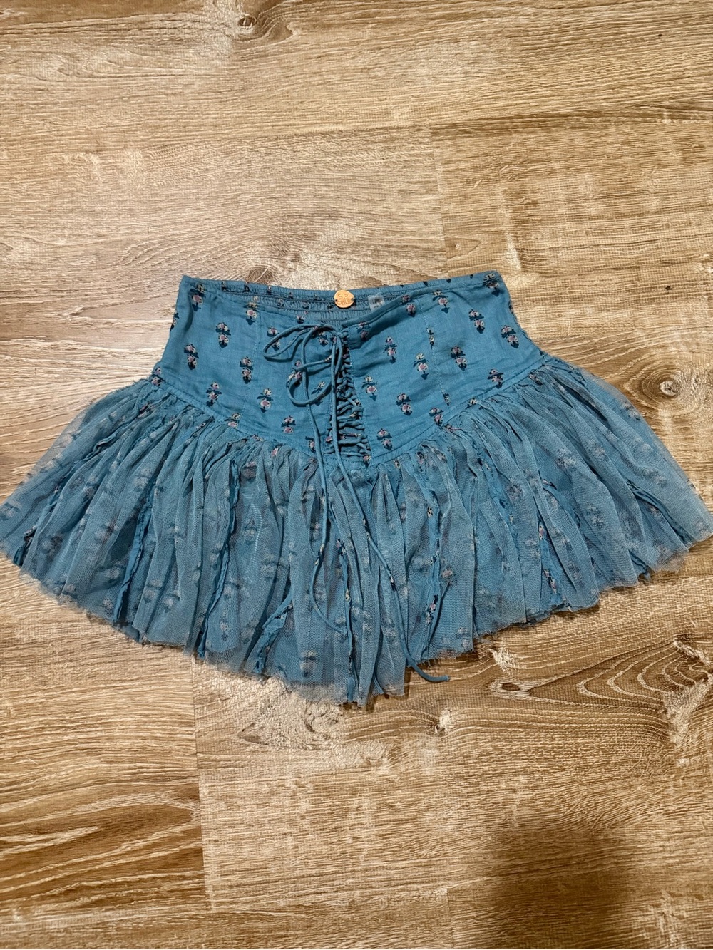 Free People Teal Blue Tiered Lace-Up Mini Skirt